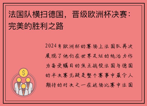 法国队横扫德国，晋级欧洲杯决赛：完美的胜利之路